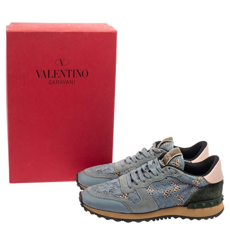 Pre Owned Valentino Slate Blue Lace and Suede Rockrunner Sneakers Size 37