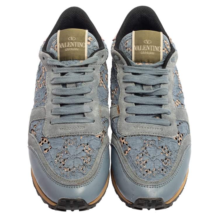 Pre Owned Valentino Slate Blue Lace and Suede Rockrunner Sneakers Size 37