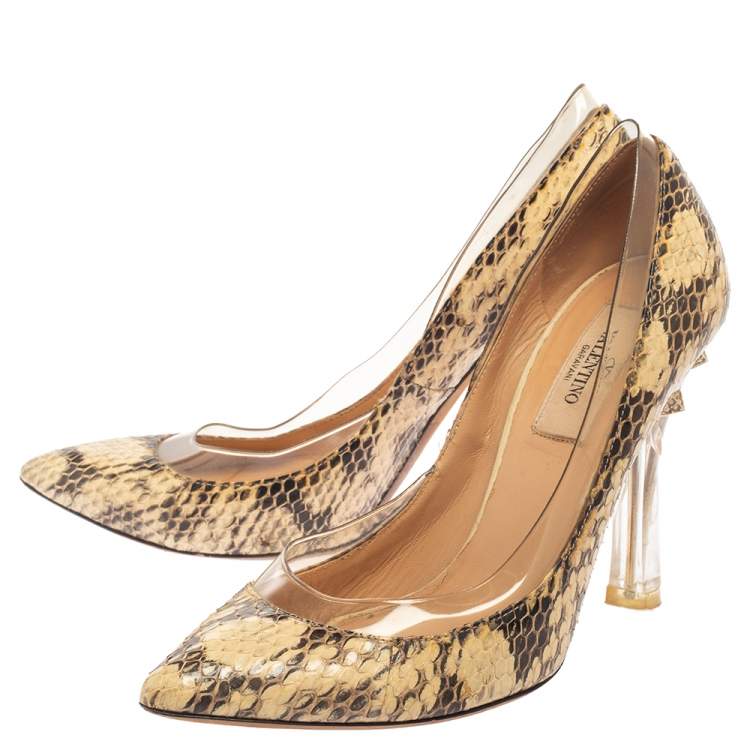 Pre Owned Valentino Beige/Brown Python Leather And PVC  Embellishment Pumps Size 36