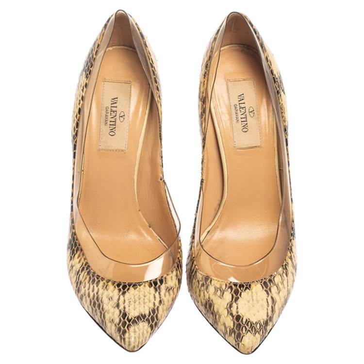 Pre Owned Valentino Beige/Brown Python Leather And PVC  Embellishment Pumps Size 36
