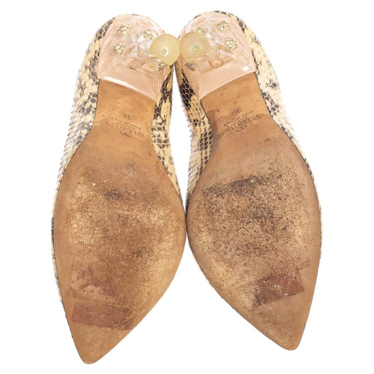 Pre Owned Valentino Beige/Brown Python Leather And PVC  Embellishment Pumps Size 36