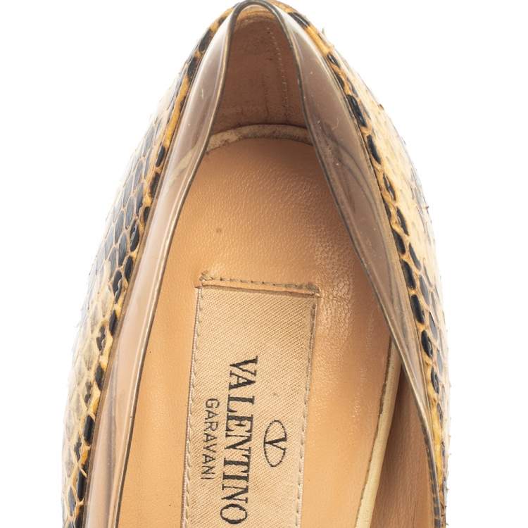 Pre Owned Valentino Beige/Brown Python Leather And PVC  Embellishment Pumps Size 36