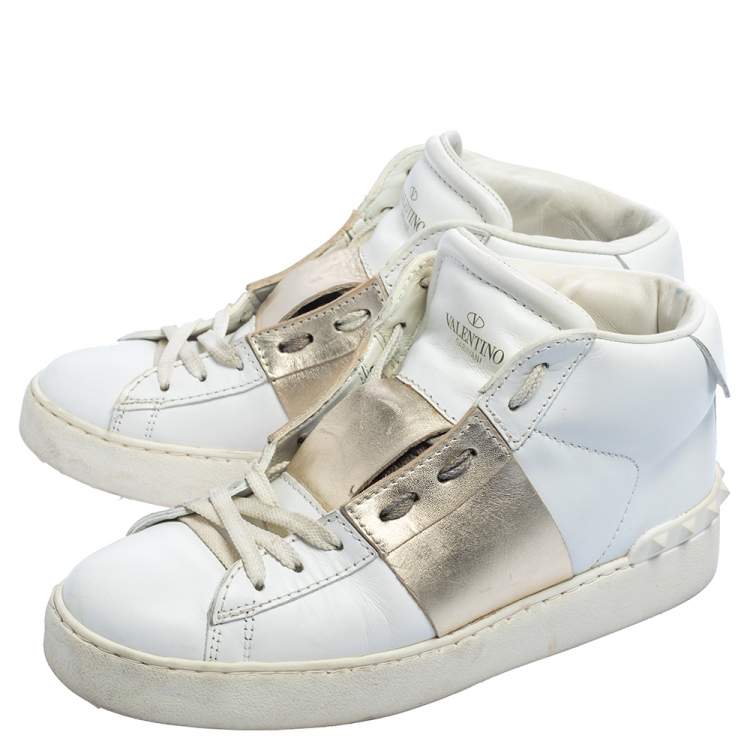 Pre Owned Valentino White/Gold Leather Rockstud High Top Open Sneakers Size 38