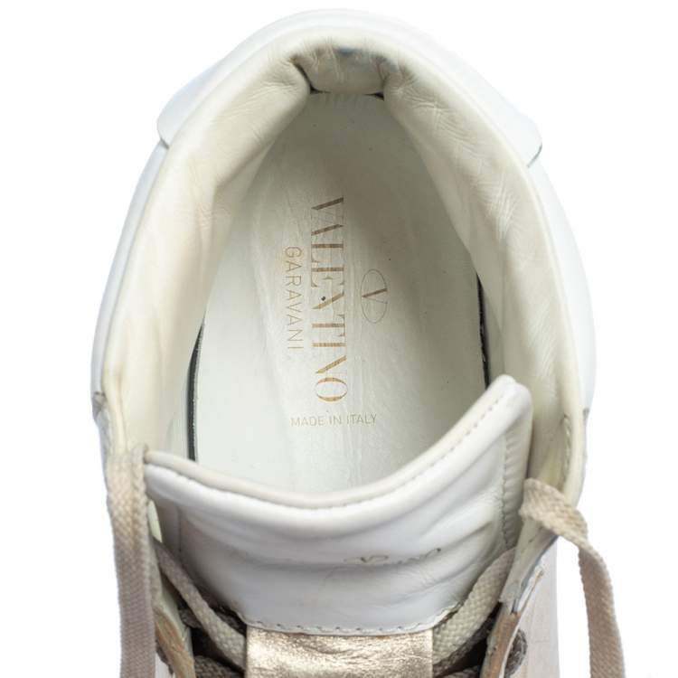 Pre Owned Valentino White/Gold Leather Rockstud High Top Open Sneakers Size 38