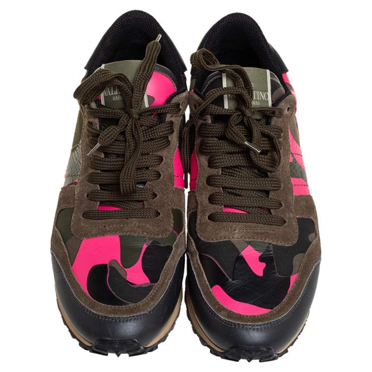 Pre Owned Valentino Multicolor Camouflage Suede And Leather Rockrunner Low Top Sneakers Size 38
