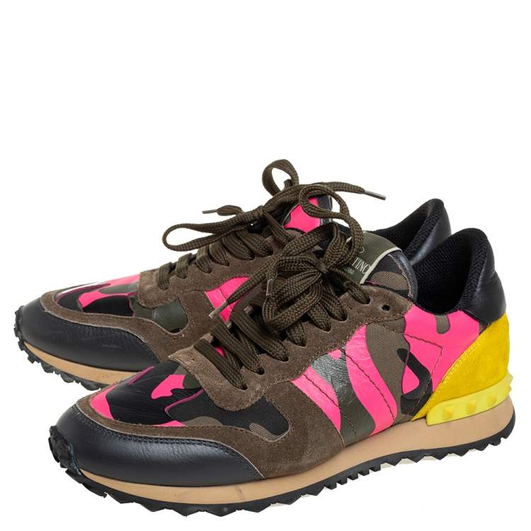 Pre Owned Valentino Multicolor Camouflage Suede And Leather Rockrunner Low Top Sneakers Size 38