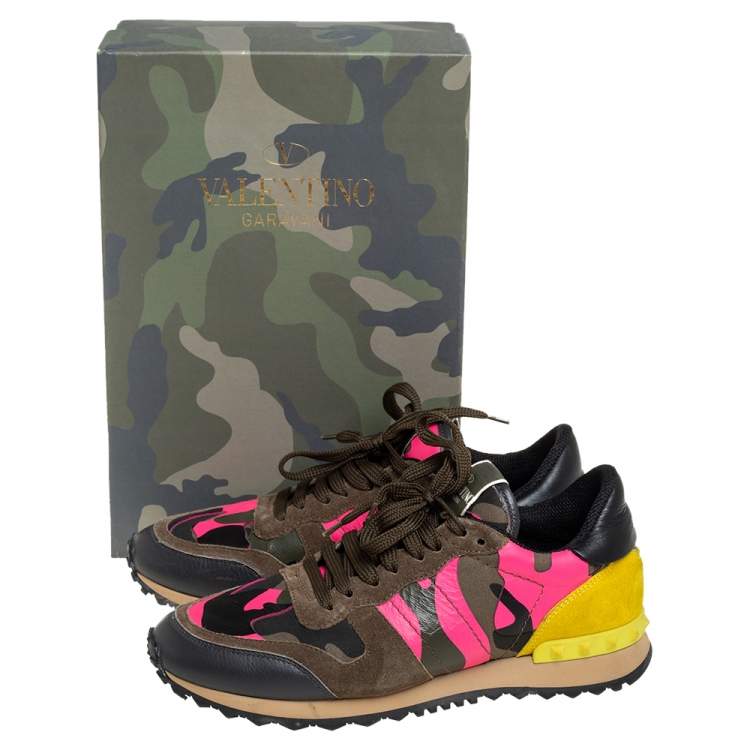 Pre Owned Valentino Multicolor Camouflage Suede And Leather Rockrunner Low Top Sneakers Size 38
