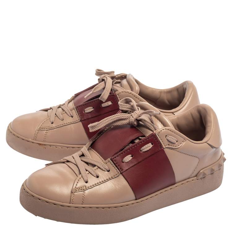 Pre Owned Valentino Beige/Burgundy Leather Rockstud Low Top Open Sneakers Size 38