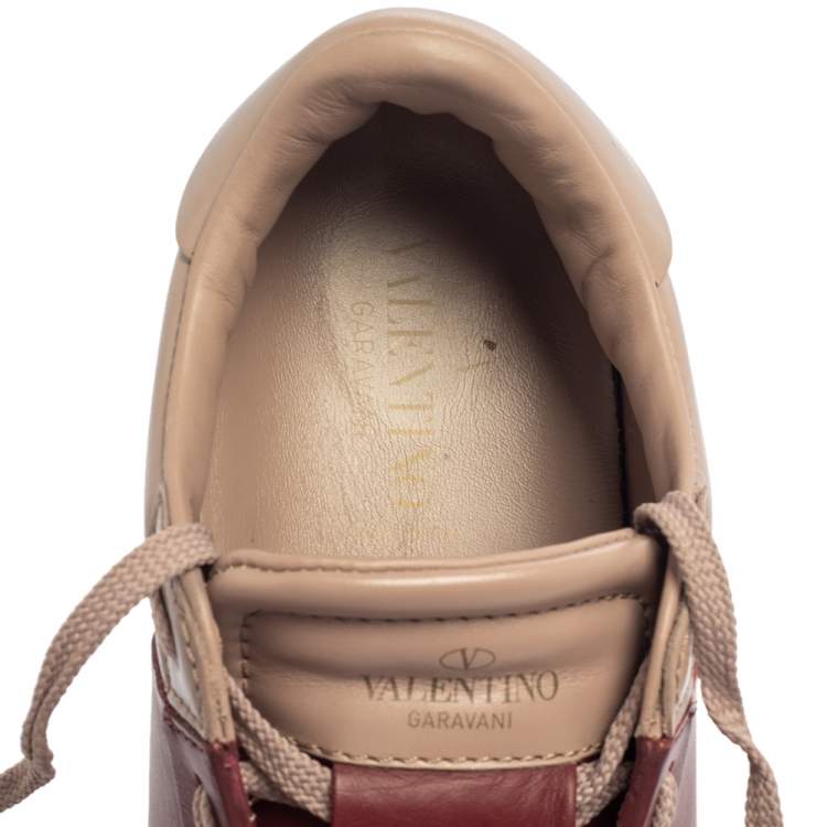 Pre Owned Valentino Beige/Burgundy Leather Rockstud Low Top Open Sneakers Size 38