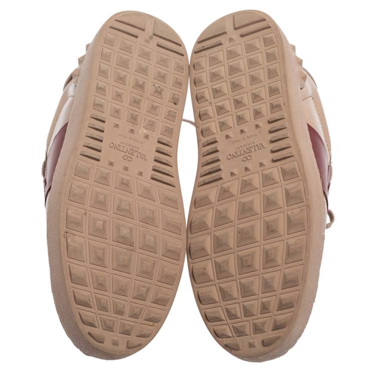 Pre Owned Valentino Beige/Burgundy Leather Rockstud Low Top Open Sneakers Size 38