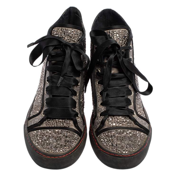 Pre Owned Valentino Grey/Black Embellished Satin High Top Sneakers Size 39.5