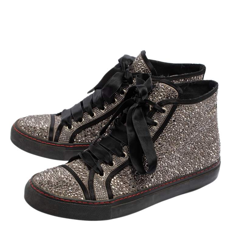 Pre Owned Valentino Grey/Black Embellished Satin High Top Sneakers Size 39.5