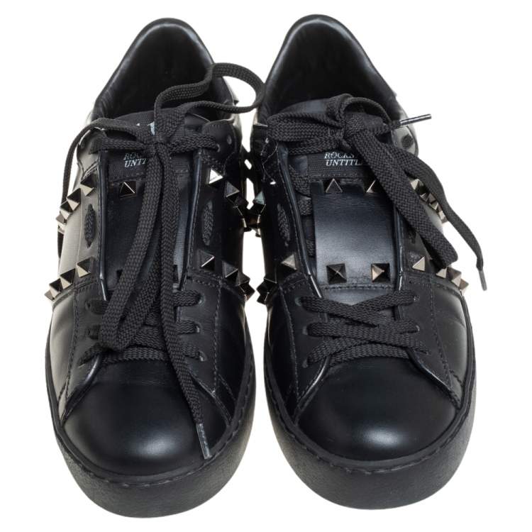Pre Owned Valentino Black Leather Studded Open Sneakers Size 36