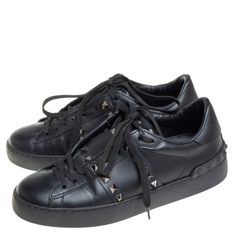 Pre Owned Valentino Black Leather Studded Open Sneakers Size 36