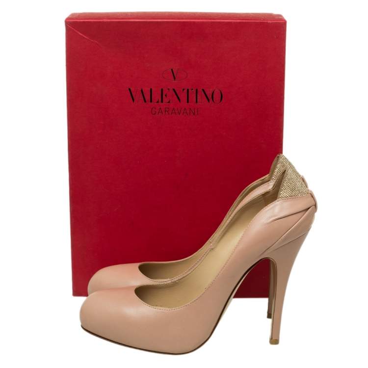 Pre Owned Valentino Beige Leather Embellished Platform Pumps Size 39.5