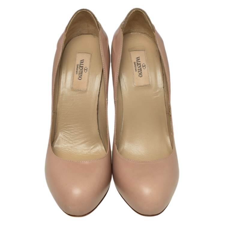 Pre Owned Valentino Beige Leather Embellished Platform Pumps Size 39.5