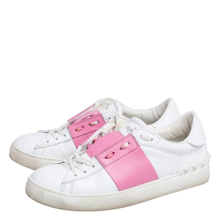 Pre Owned Valentino White/Pink Leather Rockstud Color Block Low Top Sneakers Size 39