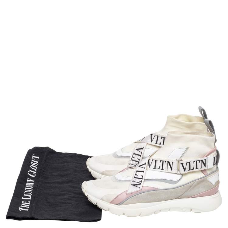 Pre Owned Valentino White Knit Fabric And Leather VLTN High Top Sneakers Size 41