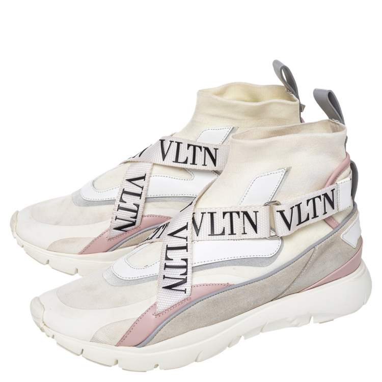 Pre Owned Valentino White Knit Fabric And Leather VLTN High Top Sneakers Size 41