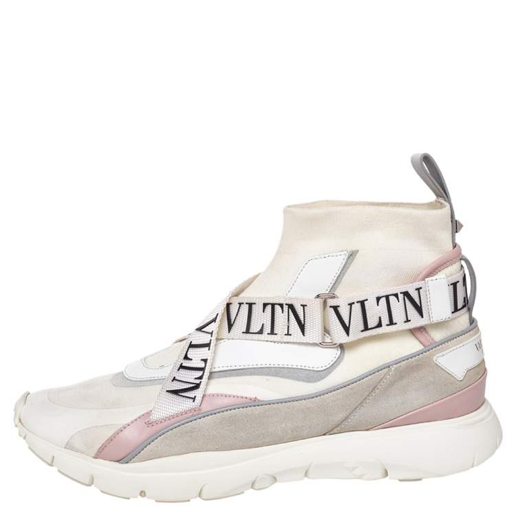 Pre Owned Valentino White Knit Fabric And Leather VLTN High Top Sneakers Size 41