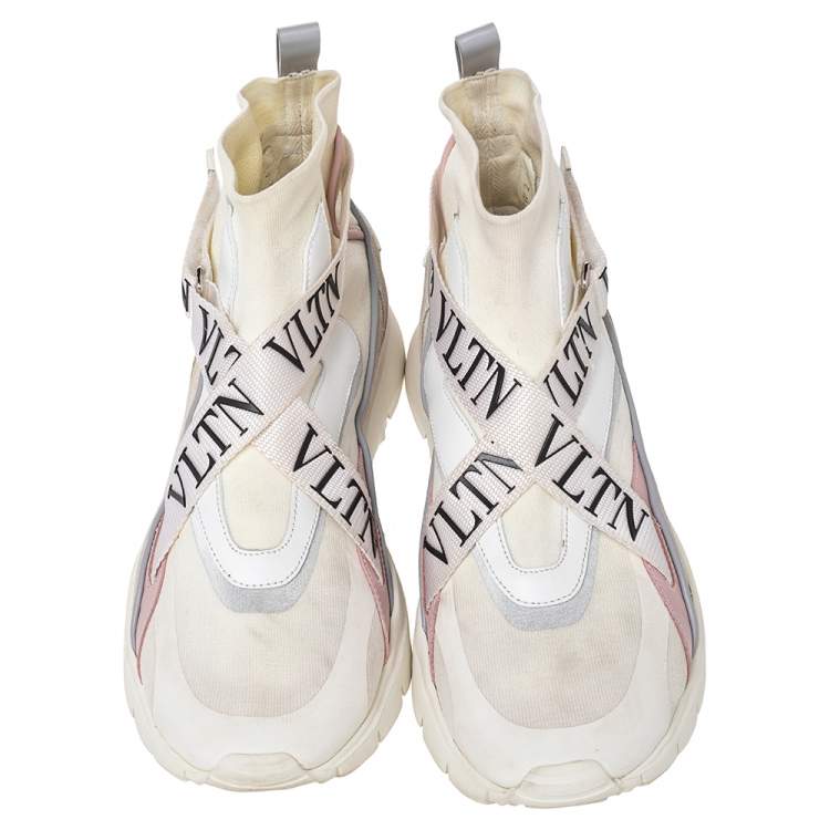 Pre Owned Valentino White Knit Fabric And Leather VLTN High Top Sneakers Size 41