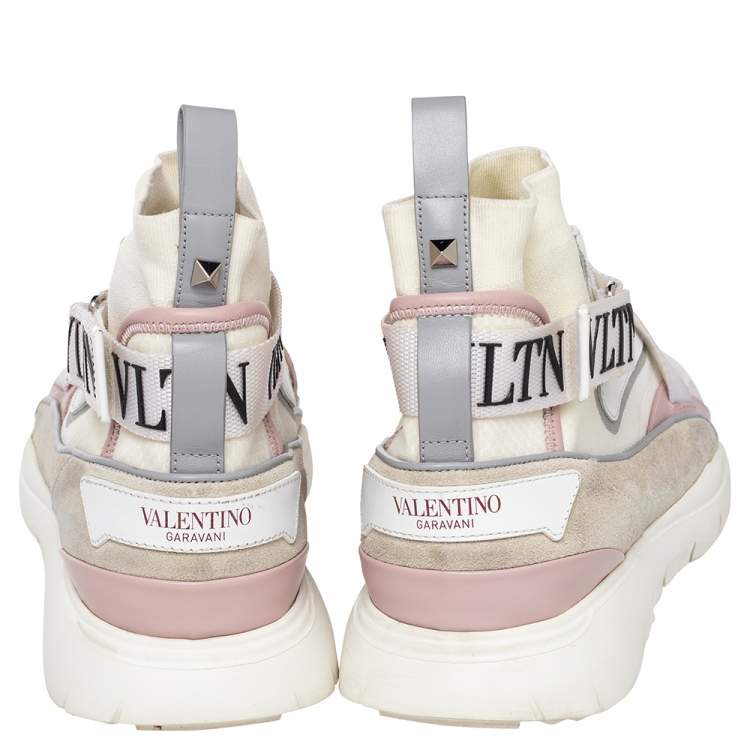 Pre Owned Valentino White Knit Fabric And Leather VLTN High Top Sneakers Size 41