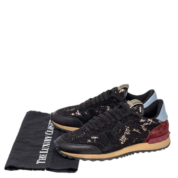 Pre Owned Valentino Black Suede And Lace Rockrunner Low Top Sneakers Size 39