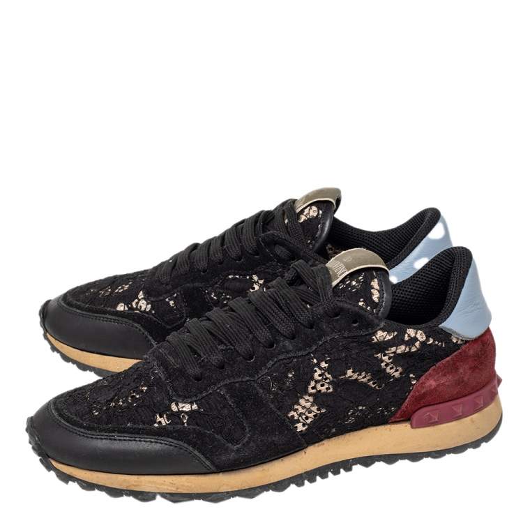 Pre Owned Valentino Black Suede And Lace Rockrunner Low Top Sneakers Size 39