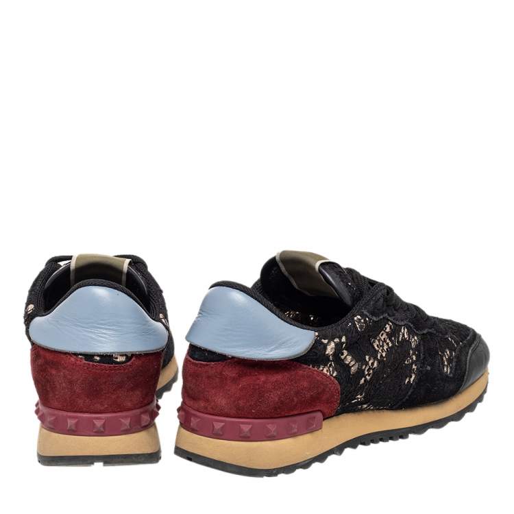 Pre Owned Valentino Black Suede And Lace Rockrunner Low Top Sneakers Size 39