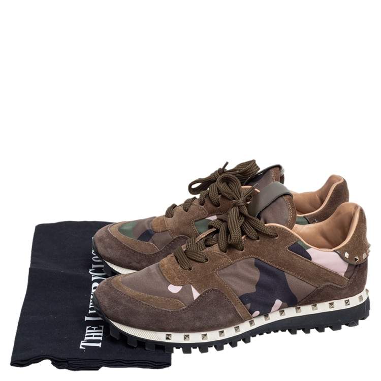 Pre Owned Valentino Military Green Camouflage Nylon and Suede Rockrunner Sneakers Size 37.5