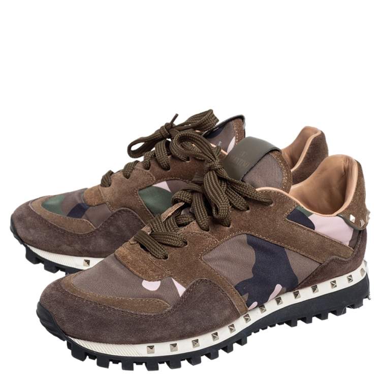 Pre Owned Valentino Military Green Camouflage Nylon and Suede Rockrunner Sneakers Size 37.5