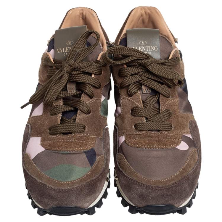 Pre Owned Valentino Military Green Camouflage Nylon and Suede Rockrunner Sneakers Size 37.5