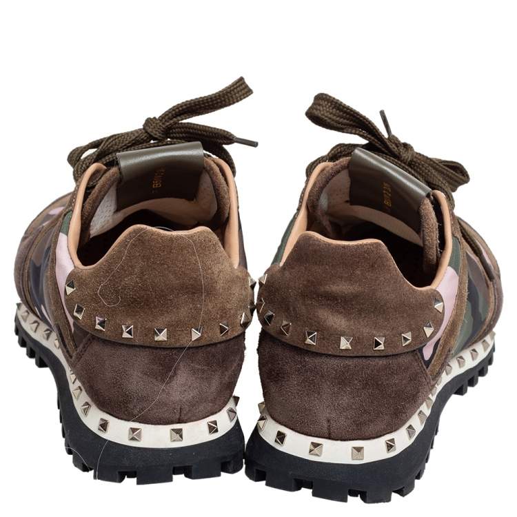 Pre Owned Valentino Military Green Camouflage Nylon and Suede Rockrunner Sneakers Size 37.5