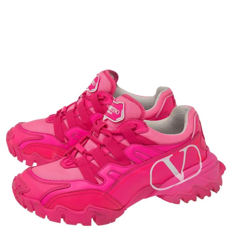 Pre Owned Valentino Hot  Pink Leather and Mesh Climbers Sneakers Size 38
