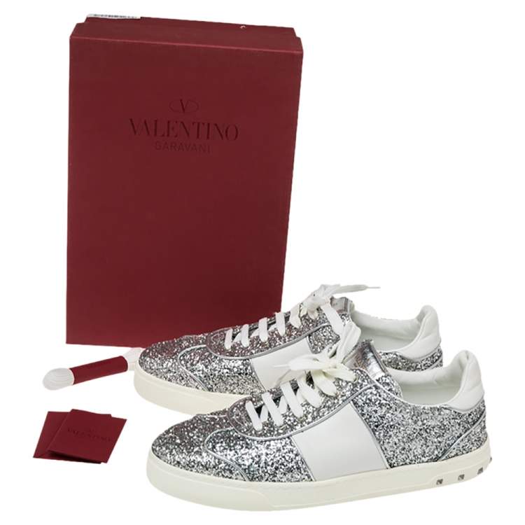 Pre Owned Valentino Silver Glitter and Leather Fly Crew Low Top Sneakers Size 41