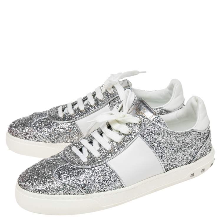 Pre Owned Valentino Silver Glitter and Leather Fly Crew Low Top Sneakers Size 41