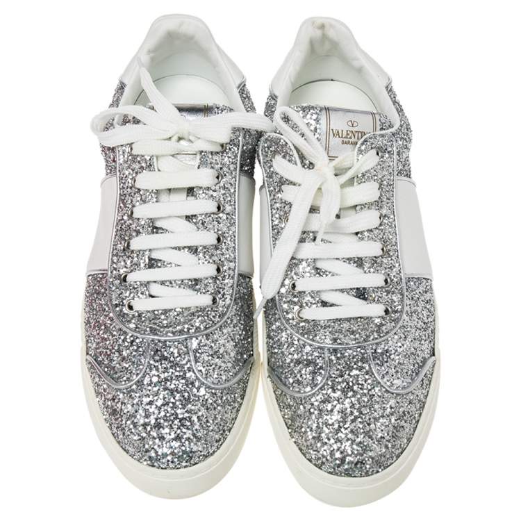 Pre Owned Valentino Silver Glitter and Leather Fly Crew Low Top Sneakers Size 41