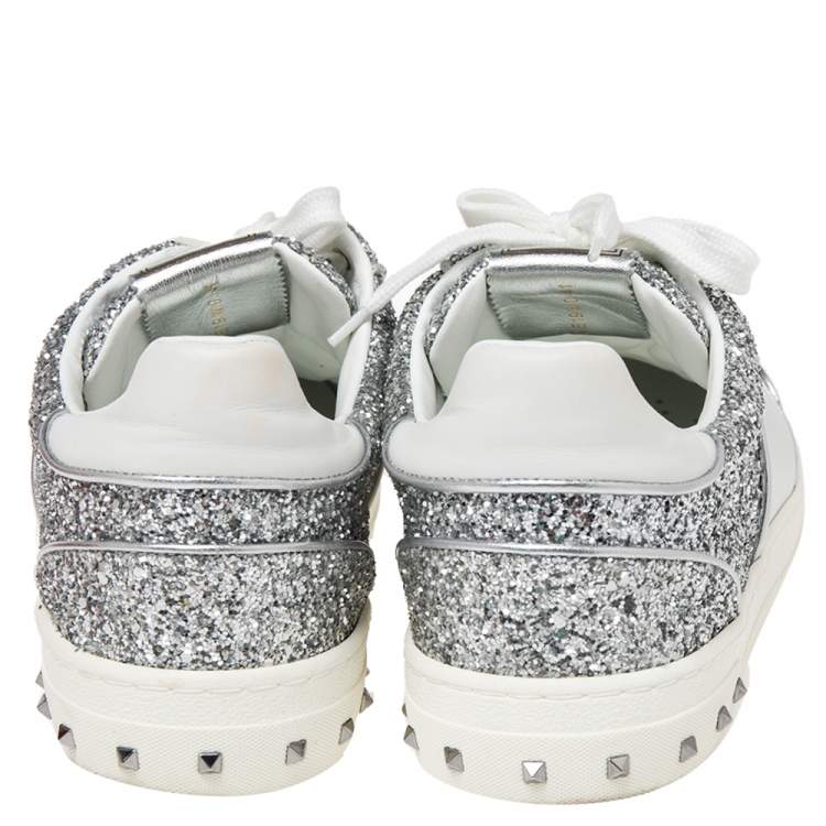 Pre Owned Valentino Silver Glitter and Leather Fly Crew Low Top Sneakers Size 41