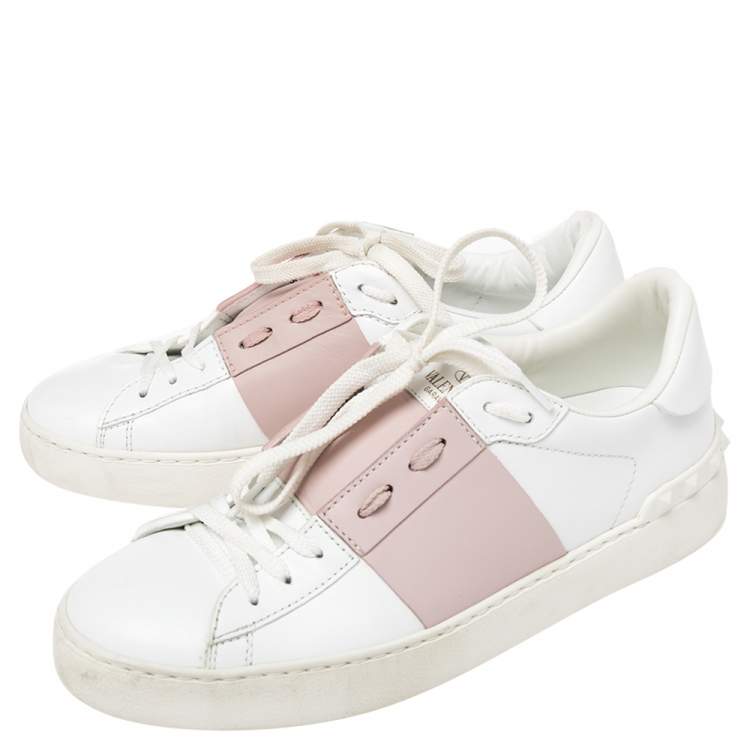 Pre Owned Valentino White and Blush Pink Band Leather Open Low Top Sneakers Size 38