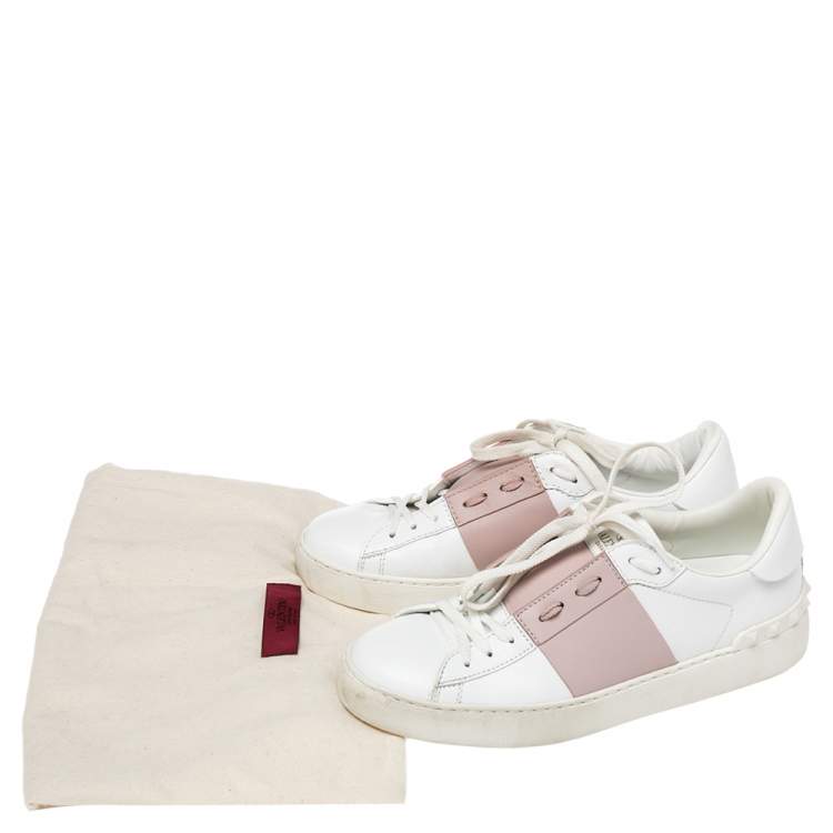 Pre Owned Valentino White and Blush Pink Band Leather Open Low Top Sneakers Size 38