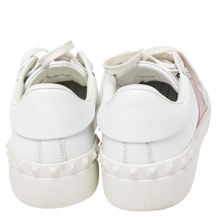Pre Owned Valentino White and Blush Pink Band Leather Open Low Top Sneakers Size 38
