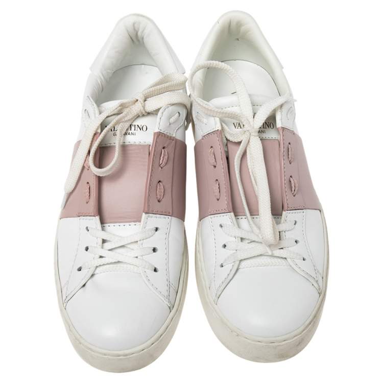 Pre Owned Valentino White and Blush Pink Band Leather Open Low Top Sneakers Size 38