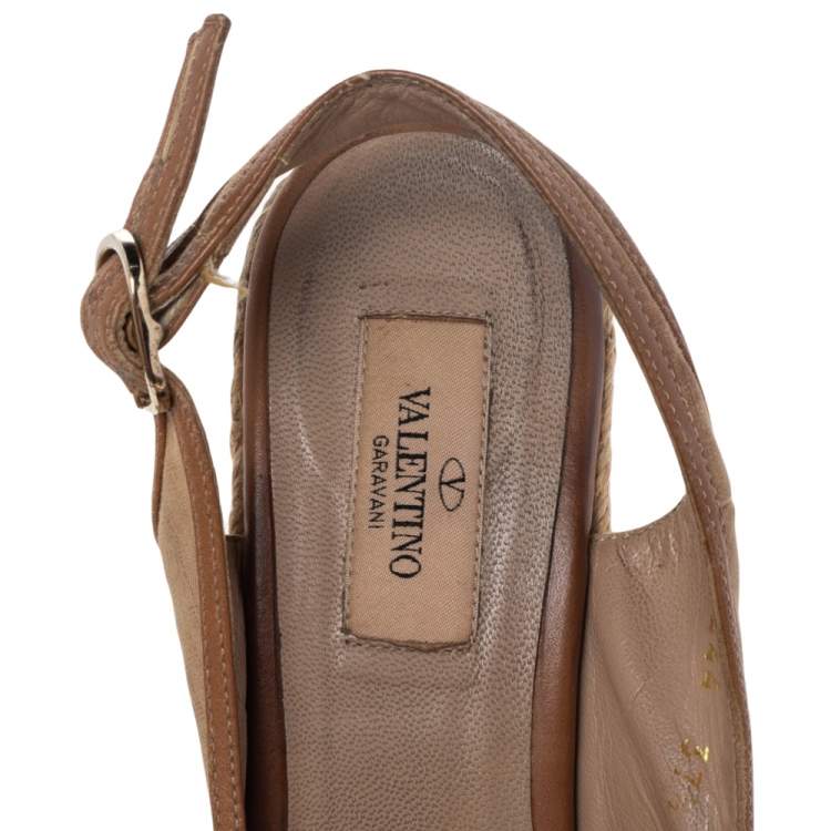 Pre Owned Valentino Beige Fabric And Leather Flower Platform Espadrille Wedge Slingback Sandals Size 37.5