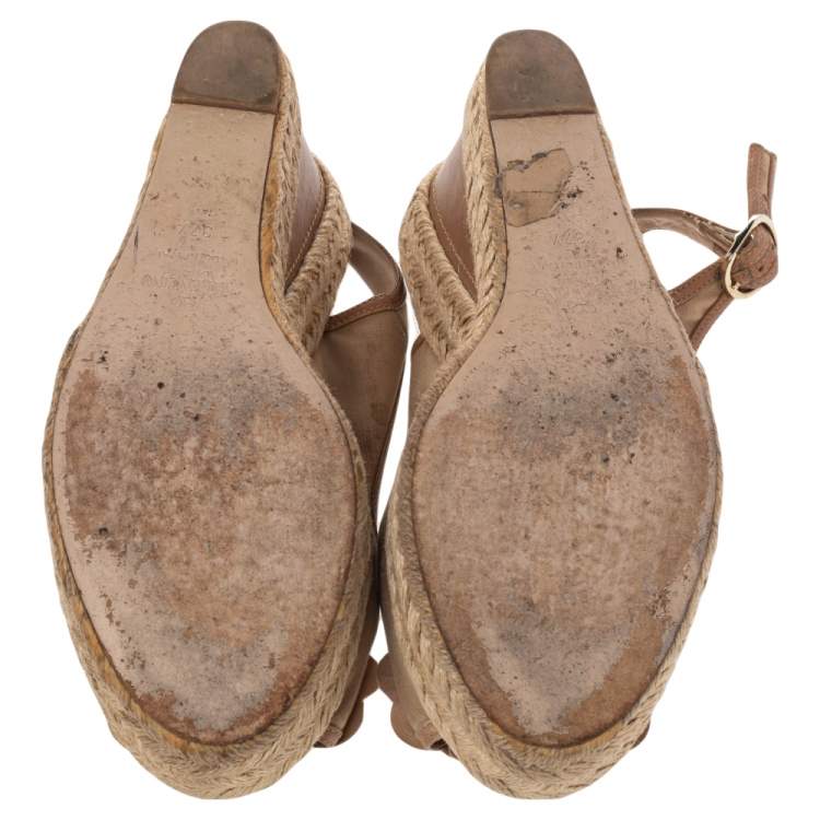 Pre Owned Valentino Beige Fabric And Leather Flower Platform Espadrille Wedge Slingback Sandals Size 37.5