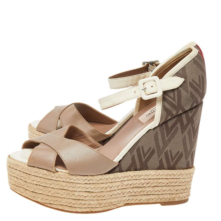 Pre Owned Valentino Beige/Brown Leather And Fabric Wedge Platform Espadrille Sandals Size 39.5