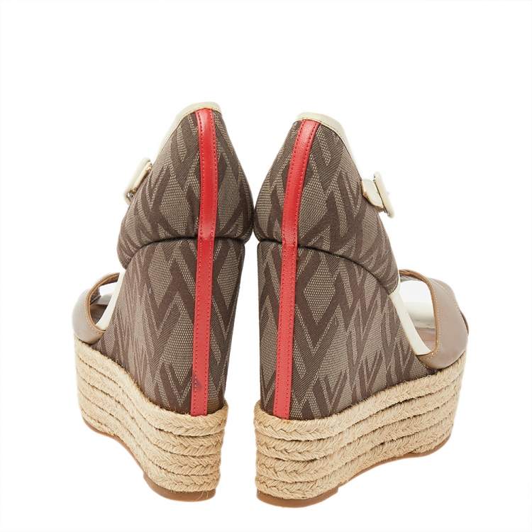 Pre Owned Valentino Beige/Brown Leather And Fabric Wedge Platform Espadrille Sandals Size 39.5