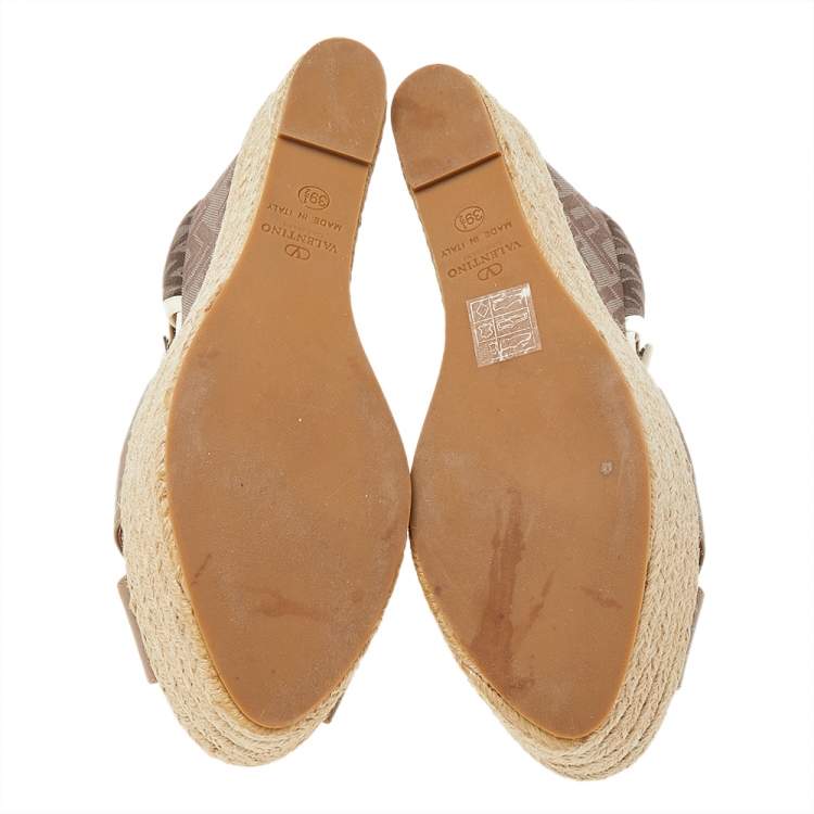 Pre Owned Valentino Beige/Brown Leather And Fabric Wedge Platform Espadrille Sandals Size 39.5