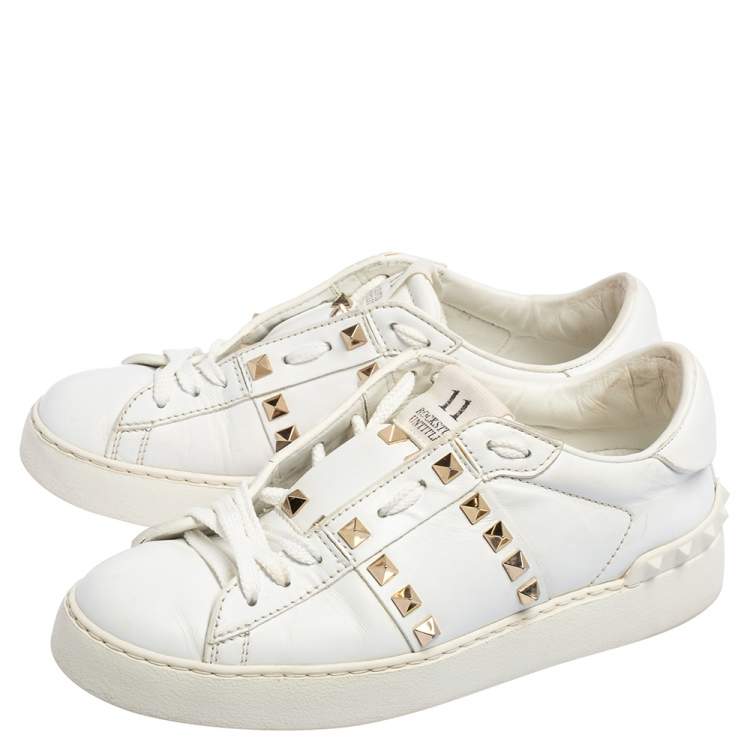Pre Owned Valentino White Leather Rockstud Untitled Low Top Sneakers Size 36