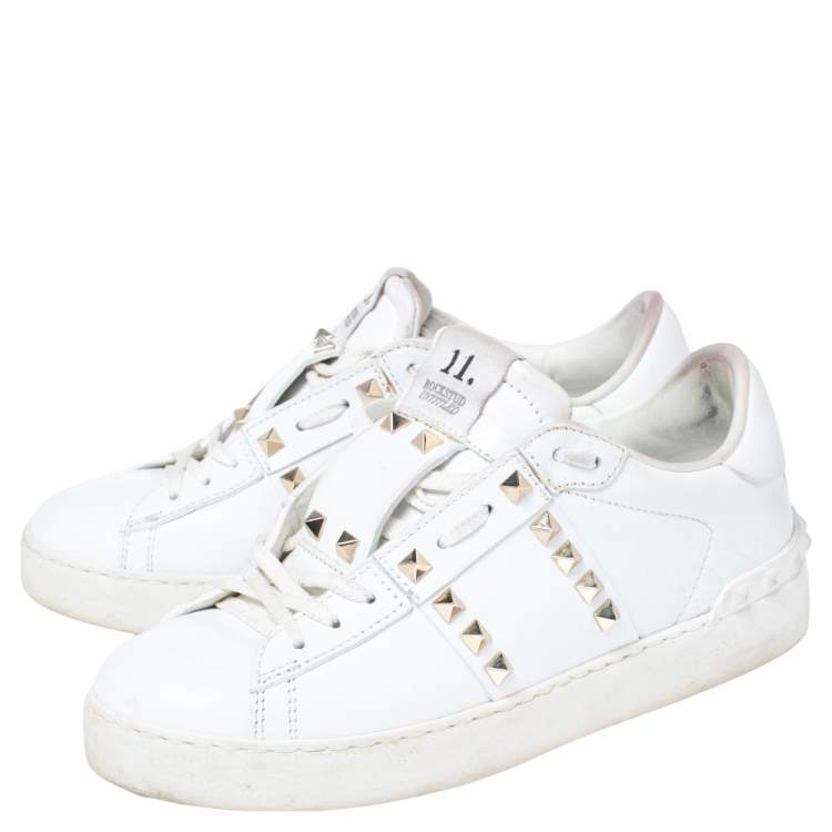 Pre Owned Valentino White Leather Rockstud Lace Up Sneakers Size 37.5