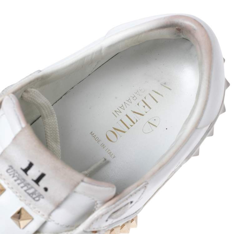 Pre Owned Valentino White Leather Rockstud Lace Up Sneakers Size 37.5